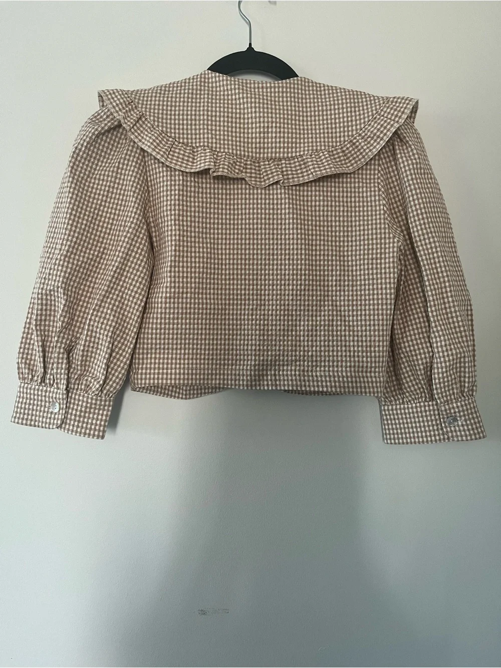 Zara Tan White Gingham Collared Puff Sleeve Top XS Cottagecore Western Farm